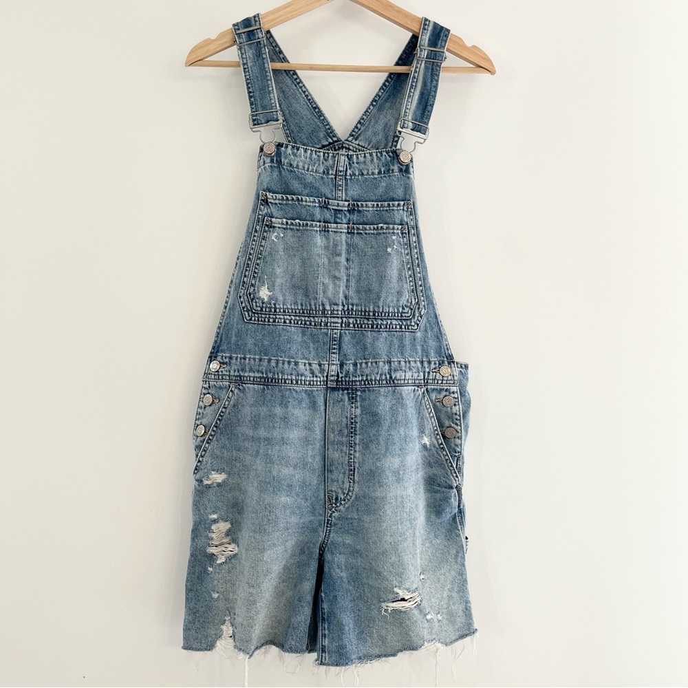 GAP Blue Denim Overall Shorts with Distressed Detail Size M
